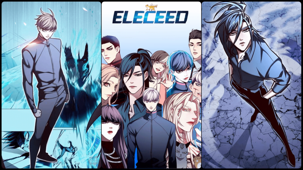 Eleceed manhwa poster collage with Jiwoo and Kaiden