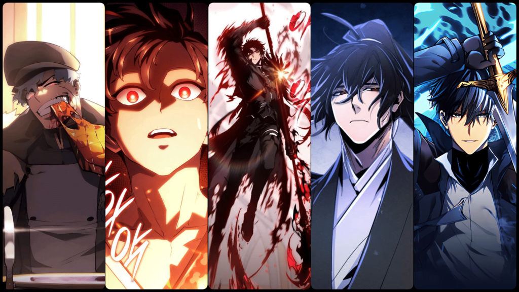 Character collage of Rokan, Vikir, Ryu Min, Jin and Lee Jaha all are mcs of regression manhwa/webtoons